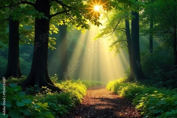 Fototapeta Sunbeams pierce the dense canopy of a lush forest, illuminating a path dappled with light and shadow Golden rays create a magical atmosphere amongst the trees and undergrowth , sunlight, scenic