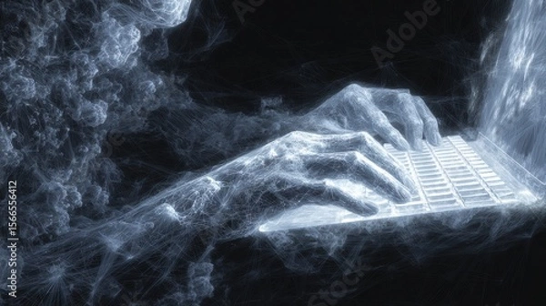 Fototapeta Spectral Hands Typing on Computer in a Dark Abstract Data Space