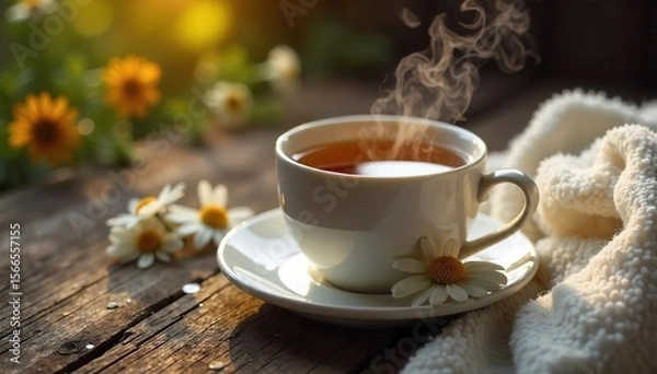 Fototapeta A steaming mug of calming chamomile tea sits on a rustic wooden table, next to a soft, plush blanket Perfect for a cozy evening of relaxation and tranquility , wood, evening
