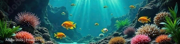 Fototapeta Vibrant Tropical Fish Swimming in a Lush Aquarium  A captivating scene of colorful corals, lively movement, and brilliant hues, perfect for home aquarium enthusiasts and nature lovers.