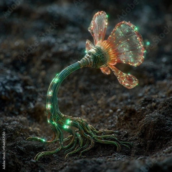 Fototapeta Vibrant Close-Up Of Sprouting Seed With Glowing Petals On Rich Soil Background