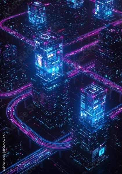 Fototapeta Vibrant Futuristic Cityscape With Neon Lights And Complex Roadway System At Night