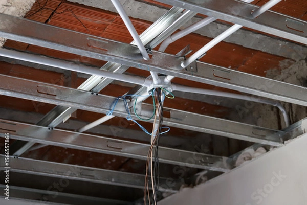 Fototapeta 
Electrical installation on a ceiling with a metal structure and exposed cables