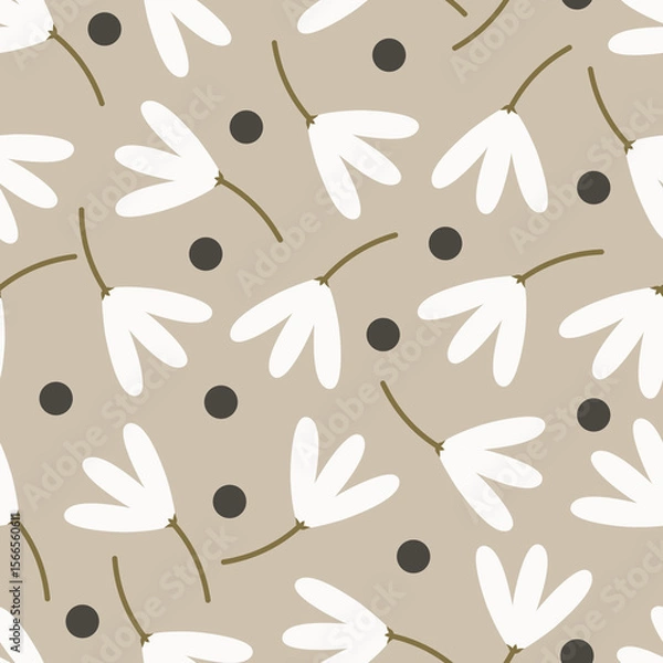 Obraz Neutral floral seamless pattern. Flowery vector surface design of minimalist flowers and polka dots
