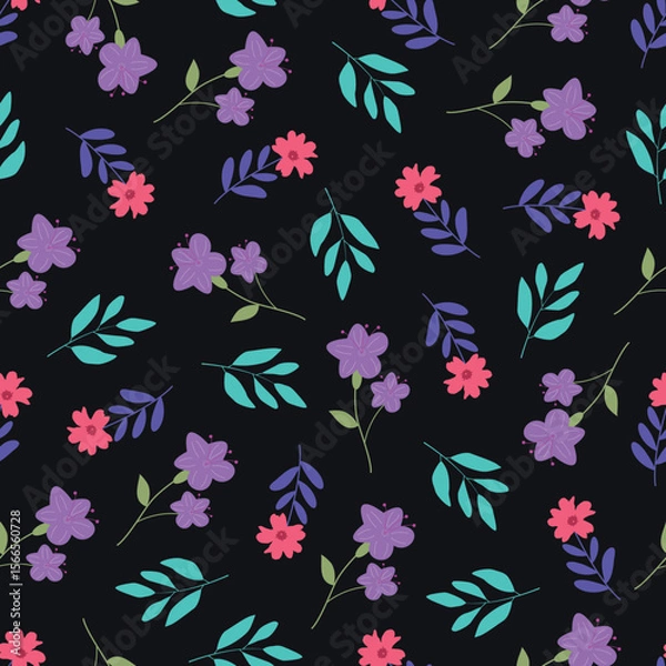 Obraz Midnight garden flowers seamless pattern. Dark floral vector surface design of bright pink purple flowers