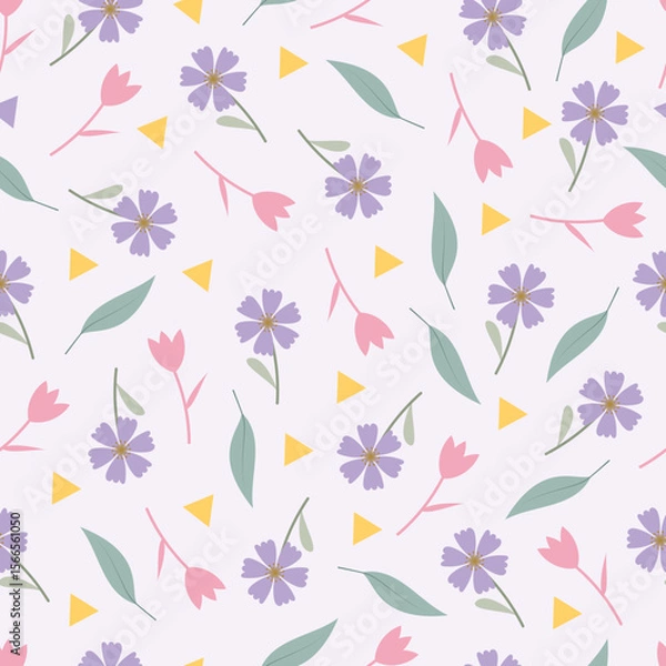 Obraz Pink purple pastel flowers seamless pattern. Floral vector surface design of Scandinavian flowers and leaves