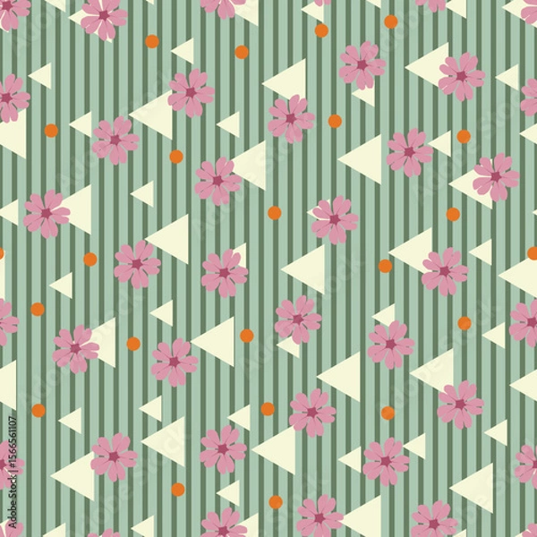 Obraz Scandinavian flowers and polka dots seamless pattern. Vector floral surface design of scandi flowers, dots, triangle shapes on vertical stripes