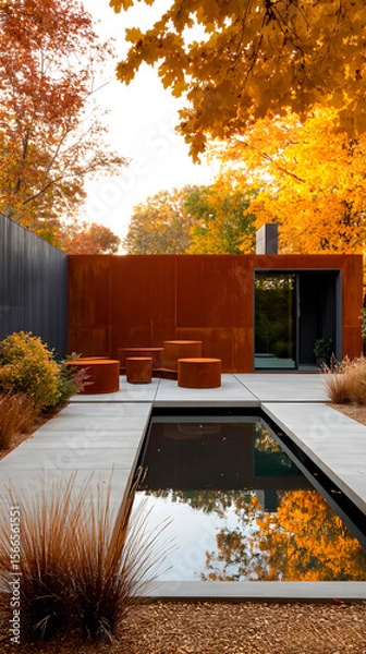 Fototapeta Vertical view of outdoor lounge space with minimalist architecture, plants and a small reflecting pool