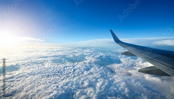 Obraz beautiful view from the airplane window flying above the clouds blue sky in sunny day and soft sunlight in the afternoon