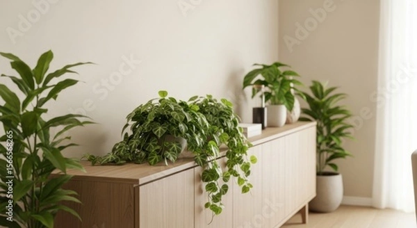 Obraz Indoor Potted Plants on Cabinet Create Calm Interior