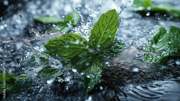 Fototapeta A cool burst of water with mint leaves whirling about, frozen in mid-stride.
