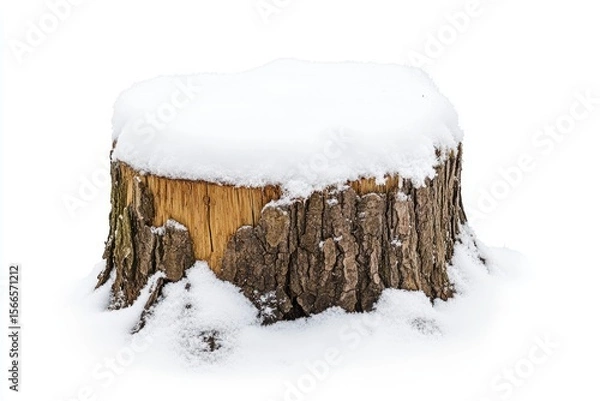 Fototapeta A large tree stump covered in snow. The stump is surrounded by a white background. Old tree stump covered in snow isolated on white background.