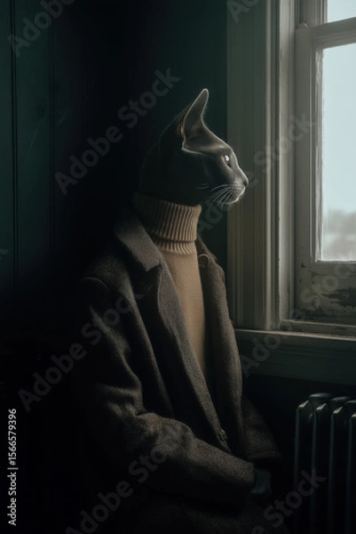 Obraz Anthropomorphic cat in coat staring out window