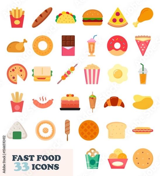 Obraz Fast food flat icons set. Vector illustration of french fries, burger, pizza, fried chicken, popcorn, sandwich, kebab, smoothie, milkshake, cake and other restaurant menu items.
