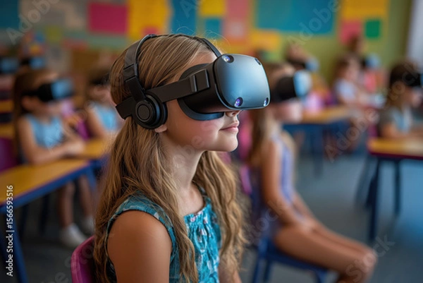 Obraz Group of children learning with VR headsets