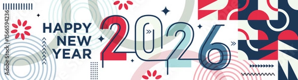Fototapeta Happy New Year 2026 text design Modern Calligraphy Greetings on a Stylish background with geometric patterns, abstract pattern with lines, new year celebration design, colorful vector illustration
