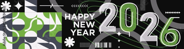 Fototapeta Happy New Year 2026 text design Modern Calligraphy Greetings on a Stylish background with geometric patterns, abstract pattern with lines, new year celebration design, colorful vector illustration