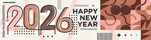 Fototapeta Happy New Year 2026 text design Modern Calligraphy Greetings on a Stylish background with geometric patterns, abstract pattern with lines, new year celebration design, colorful vector illustration