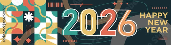 Fototapeta Happy New Year 2026 text design Modern Calligraphy Greetings on a Stylish background with geometric patterns, abstract pattern with lines, new year celebration design, colorful vector illustration