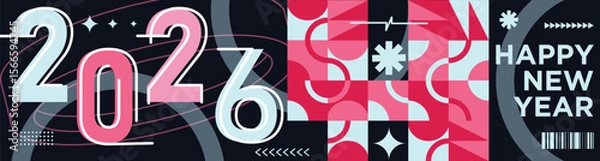 Fototapeta Happy New Year 2026 text design Modern Calligraphy Greetings on a Stylish background with geometric patterns, abstract pattern with lines, new year celebration design, colorful vector illustration