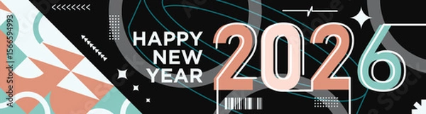 Fototapeta Happy New Year 2026 text design Modern Calligraphy Greetings on a Stylish background with geometric patterns, abstract pattern with lines, new year celebration design, colorful vector illustration