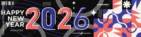 Fototapeta Happy New Year 2026 text design Modern Calligraphy Greetings on a Stylish background with geometric patterns, abstract pattern with lines, new year celebration design, colorful vector illustration