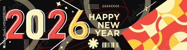 Fototapeta Happy New Year 2026 text design Modern Calligraphy Greetings on a Stylish background with geometric patterns, abstract pattern with lines, new year celebration design, colorful vector illustration