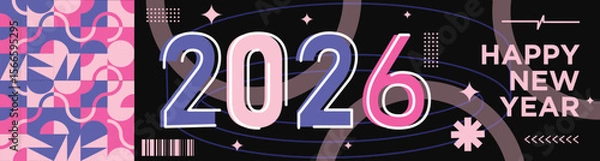 Fototapeta Happy New Year 2026 text design Modern Calligraphy Greetings on a Stylish background with geometric patterns, abstract pattern with lines, new year celebration design, colorful vector illustration