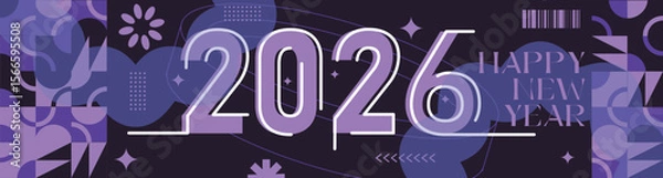 Fototapeta Happy New Year 2026 text design Modern Calligraphy Greetings on a Stylish background with geometric patterns, abstract pattern with lines, new year celebration design, colorful vector illustration