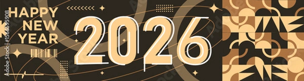 Fototapeta Happy New Year 2026 text design Modern Calligraphy Greetings on a Stylish background with geometric patterns, abstract pattern with lines, new year celebration design, colorful vector illustration