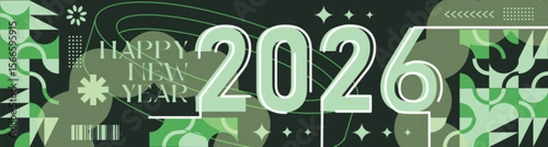 Fototapeta Happy New Year 2026 text design Modern Calligraphy Greetings on a Stylish background with geometric patterns, abstract pattern with lines, new year celebration design, colorful vector illustration