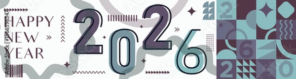 Fototapeta Happy New Year 2026 text design Modern Calligraphy Greetings on a Stylish background with geometric patterns, abstract pattern with lines, new year celebration design, colorful vector illustration