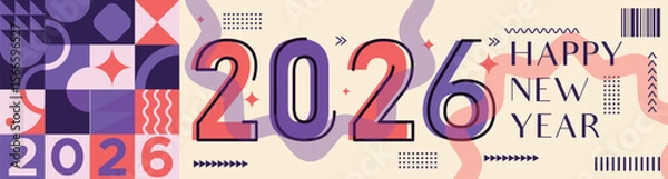 Fototapeta Happy New Year 2026 text design Modern Calligraphy Greetings on a Stylish background with geometric patterns, abstract pattern with lines, new year celebration design, colorful vector illustration