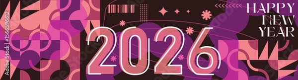 Fototapeta Happy New Year 2026 text design Modern Calligraphy Greetings on a Stylish background with geometric patterns, abstract pattern with lines, new year celebration design, colorful vector illustration