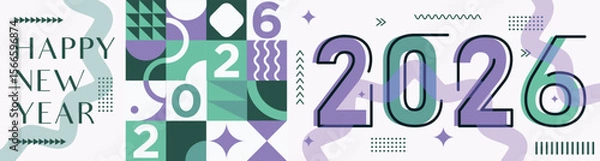 Fototapeta Happy New Year 2026 text design Modern Calligraphy Greetings on a Stylish background with geometric patterns, abstract pattern with lines, new year celebration design, colorful vector illustration