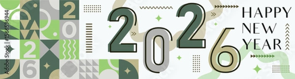 Fototapeta Happy New Year 2026 text design Modern Calligraphy Greetings on a Stylish background with geometric patterns, abstract pattern with lines, new year celebration design, colorful vector illustration