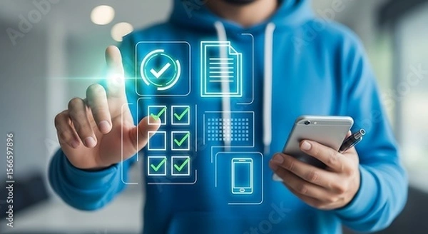 Fototapeta A bright blue hoodie clad man interacts with glowing digital checklist icons on a modern device holding a sleek silver
