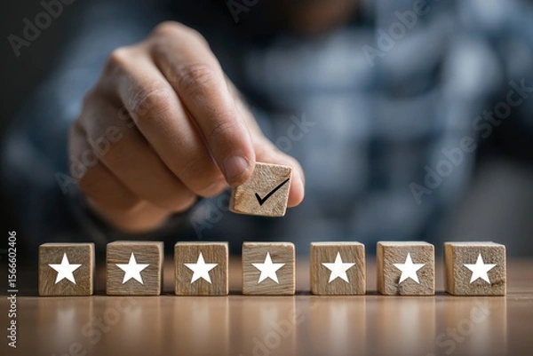 Fototapeta A hand placing a checkmark block on a line of starmarked blocks