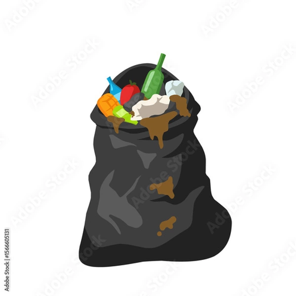 Fototapeta Full black garbage bag with visible trash like food waste and bottles. Vector illustration perfect for waste management, recycling, and pollution awareness concepts