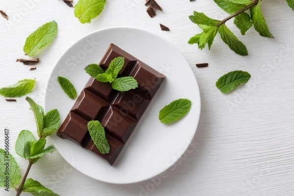 Obraz Chocolate Bar with Fresh Mint Leaves on a White Plate