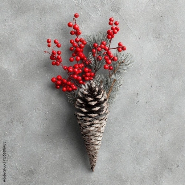 Obraz Pinecone with Red Berry and Evergreen Sprig