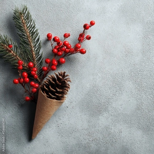 Obraz Pinecone with Berries and Evergreen on Gray Background