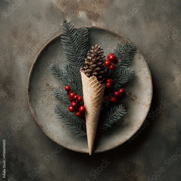 Obraz Cone with Pinecone, Berries and Fir Tree on Plate