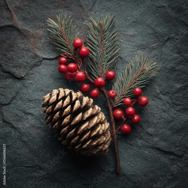 Obraz Pine Cone and Berry Branch on Slate