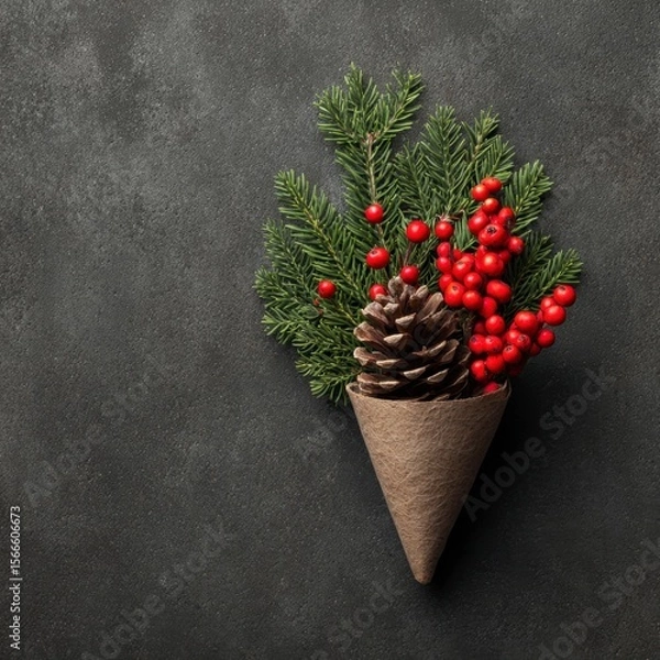 Obraz Pine Cone with Berries and Fir Branches