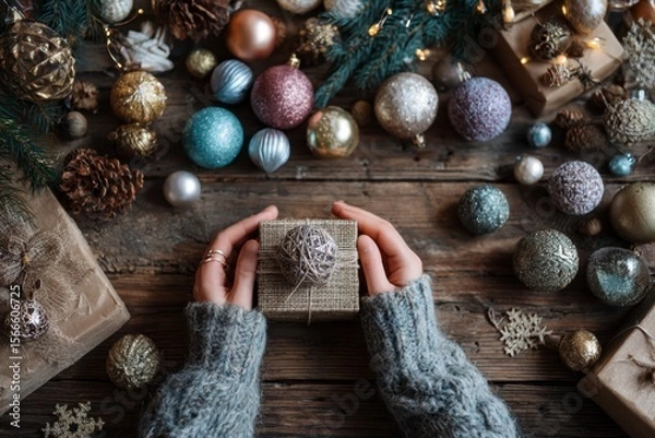 Obraz Gift on Wooden Table with Christmas Ornaments and Pine Cones