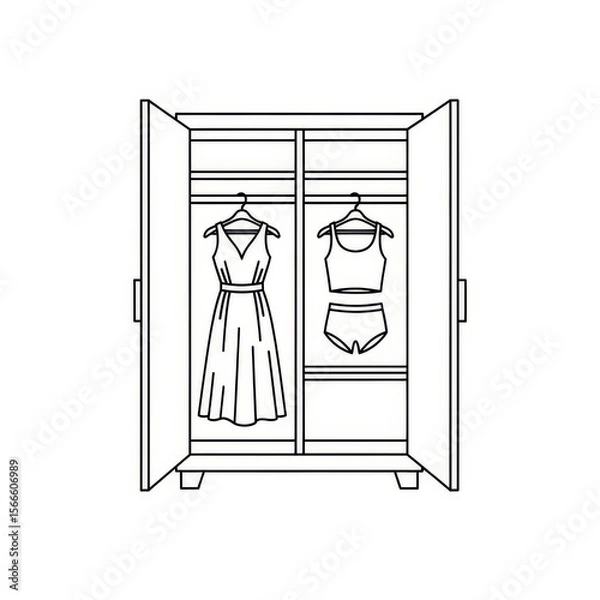 Fototapeta Open wardrobe with a dress and a set of underwear hanging inside on hangers in a line art style