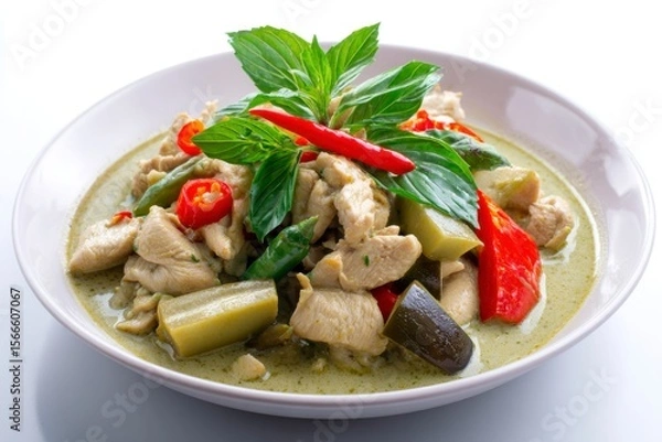 Obraz Green Curry with Chicken, Vegetables and Basil Leaves