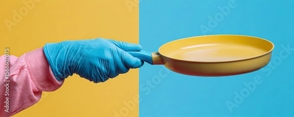 Obraz Yellow Pan Held by Gloved Hand on Split Background