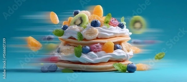 Fototapeta Vibrant photo of fluffy cloud made of pancakes, fruit, and cream, floating in the air. The scene is captured with dynamic motion blur to emphasize speed and movement. A vibrant.